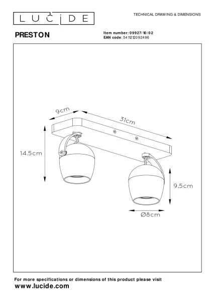 Lucide PRESTON - Spot plafond - LED Dim to warm - GU10 - 2x5W 2200K/3000K - Or Mat / Laiton - technique